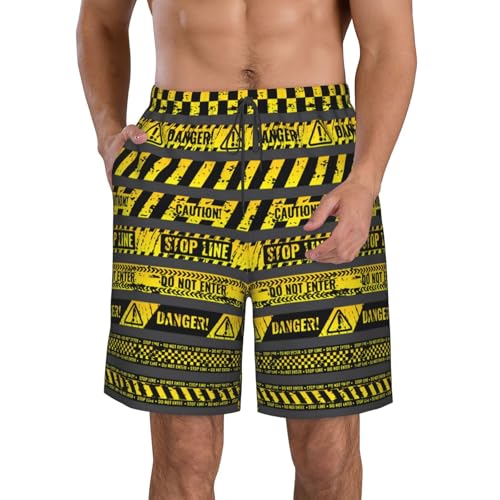 Mens Quick Dry Swim Trunks Beach Pants Board Shorts Bathing Suits, Danger Caution Warning Police Stripe