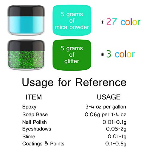 Mica Powder Pigment - 30 Colors Metallic Epoxy Resin Pigment Glitter Powder Soap Dye - Glitter Soap Making Colorant For Resin Art, Bath Bombs, Slime Making, Cosmetic, Painting, Nail Makeup - 5G Each #TOP5