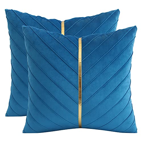 Image of Velvet Throw Pillow Covers 18x18 Pack of 2 Gold Decor Lake Blue