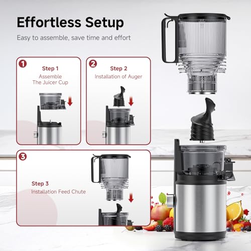 Cold Press Juicer Machine with 6" Extra-Wide Feed Chute,Triple Stainless Steel Filter,Quiet DC Motor,Easy to Clean, High Juice Yield Slow Masticating Juicer - Image 6