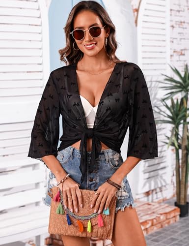 Image of Totatuit Women's Short Cardigan Bolero Sheer Shrug Tie Open Front Bell Sleeve Summer Cropped Bolero Cardigan