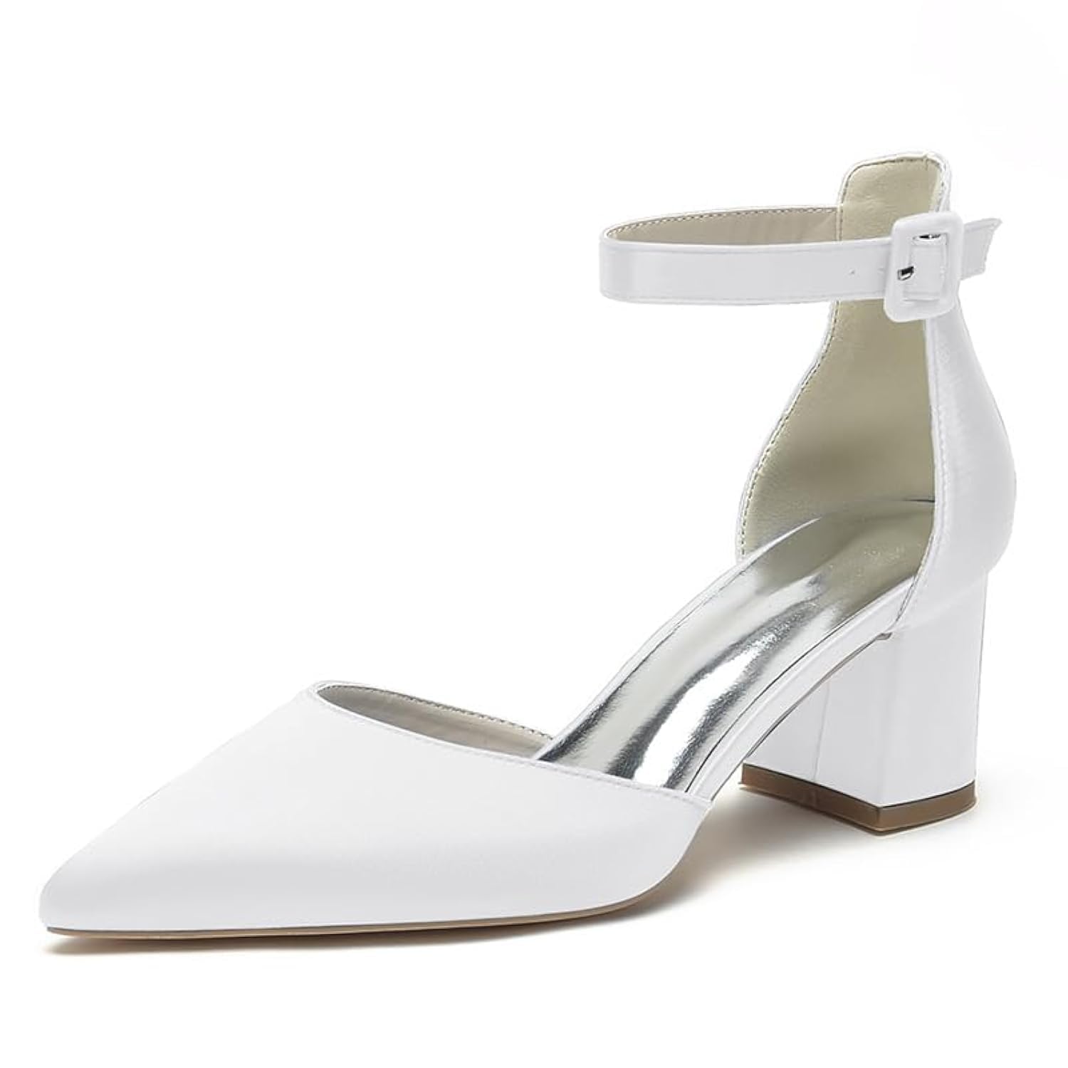 Xjizu Wome's Pointed Toe Low Chunky Heels Satin Block Ankle Strap Pumps Wedding Bridal Party Dress Shoes