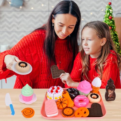 Kinderküche Dessert Set Spielzeug Küchenzubehör Lebensmittel mit Dessertplatte, Lernspielzeug Teeparty Geschenk für Kinder ab 3 Jahren