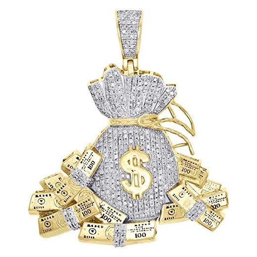 TGDJ 10K Yellow Gold Diamond Money Bag Pendant - 100 Dollar Stacks Pendant for Men - 1.85" Charm 0.97 CT with Real Diamond Clarity: SI2 - I1 Color: H - I