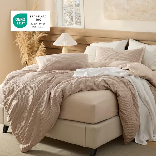Image of Bedsure 100% Cotton Waffle Duvet Cover Set with Fitted Sheet, Queen, Khaki | Waffle Texture, Breathable, Skin-Friendly, OEKO-TEX Certified, Good Housekeeping Seal, All-Season, Machine Washable