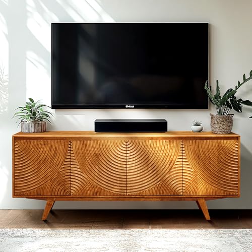 Acacia Harmony TV Stand for TVs up to 75+ Inch Entertainment Center with Storage Shelves and Cable Management, TV Media Console Table Wood TV Stands for Living Room Bedroom, Caramel