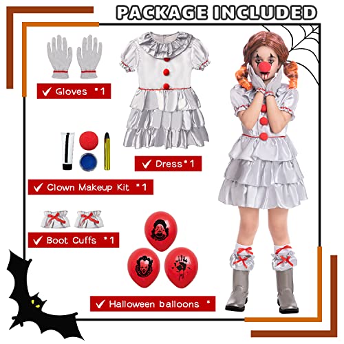 Fooecor Clown Costume For Girls Halloween Scary Clown Costume Dress Up,Clown Makeup Kit Red Nose Included Silver X-Large #TOP2