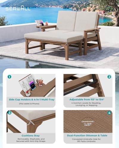 Image of SERWALL 2-in-1 Convertible Sofa Daybed with Cushions & Ottoman Table Set | HDPE 4-Position Reclining Outdoor Patio Lounge Chair, 4-in-1 Cup Holder Daybed Sofa Furniture, Brown Frame with Khaki Cushion
