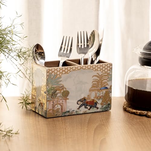 Image of DULI Multipurpose Stand, Cutlery Holder, Spoon Stand, Table Organizer with 2 Sections, Chammach Stand (10cm x 15cm) (2Section-ElephantTree)