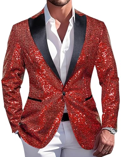 Barry.Wang Red Sequins Blazer Shiny Metallic Suit Jacket Sparkle Mens Dress Cocktails Homecoming Club Night Out Disco Game Stage Party Sport Coat