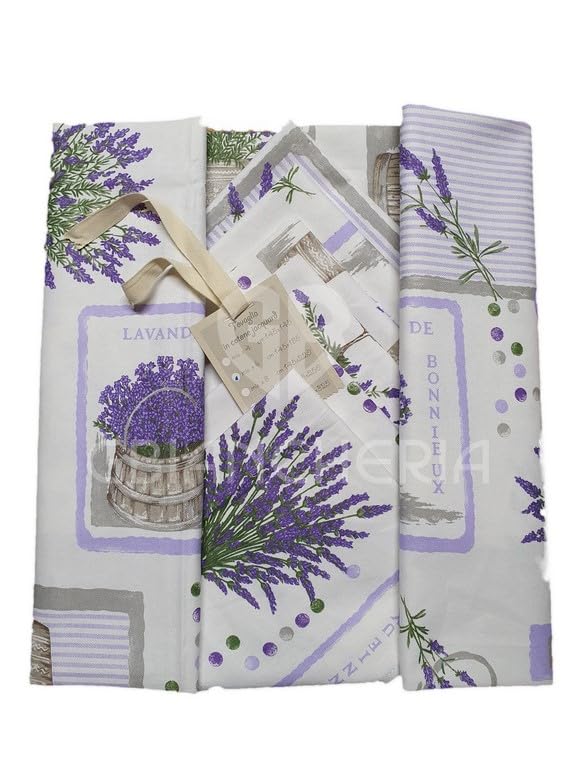 GBiancheria Tovaglia da tavola Stampata in 100% Cotone con TOVAGLIOLI Dis. LAVANDA Adatta per l'uso quotidiano Prodotto Ideato, Tessuto e Confezionato in Italia (Per 6 Persone 140x180cm)