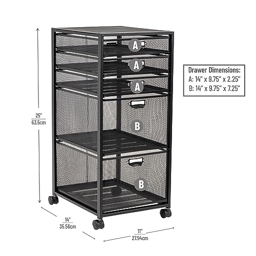 Image of Mind Reader 5TWHEEL-BLK 5-Tiered Cabinet, Rolling Mesh, Metal, File, Utility, Office Storage, Heavy Duty Multi-Purpose Cart, Black 5 Drawer