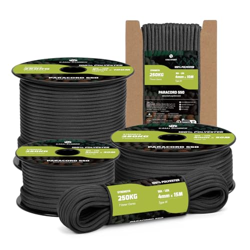 Kamu Synber Paracord 550 Typ III 4mm 10m 7 Stränge Schnur 100% Polyester Seil für Basteln Outdoor Survival | Tragkraft 250kg | Schwarz