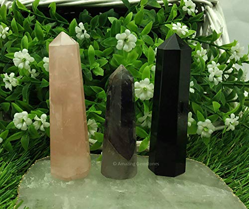 Image of Amazing Gemstone Set of 3 Amethyst, Rose Quartz, Black Tourmaline Crystal Towers - Natural Healing Crystal Point Obelisk for Reiki Healing and Crystal Grid (2 Inch to 3 Inch)