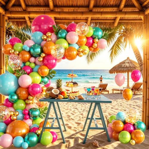 Image of 146PCS Tropical Balloon Arch Garland Kit, Olive Green Hot Pink Orange Rose Gold Confetti Balloons For Hawaiian Luau Aloha Flamingo Party Decorations Birthday Summer Beach Supplies