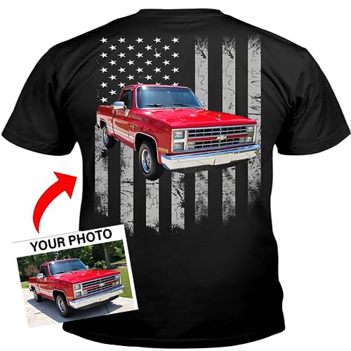 Personalized Photo T-Shirt for Pickup Truck Square Body Lovers, Birthday Xmas Gift for Truck Guys (on The Back) (BK5) Black