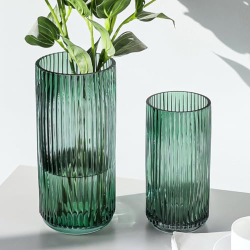 Jarrón de vidrio verde oscuro SECFOU con vetas verticales para decoración de oficina 6