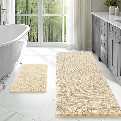 Image of OLANLY Bathroom Rugs Sets 2 Piece, Soft Absorbent Chenille Bath Mats Area Rug Set, Non-Slip, Quick Dry, Machine Washable Bath Mats for Bathroom, Home Decor Accessories (47 inchx20 inch+24 inchx16 inch, Beige)
