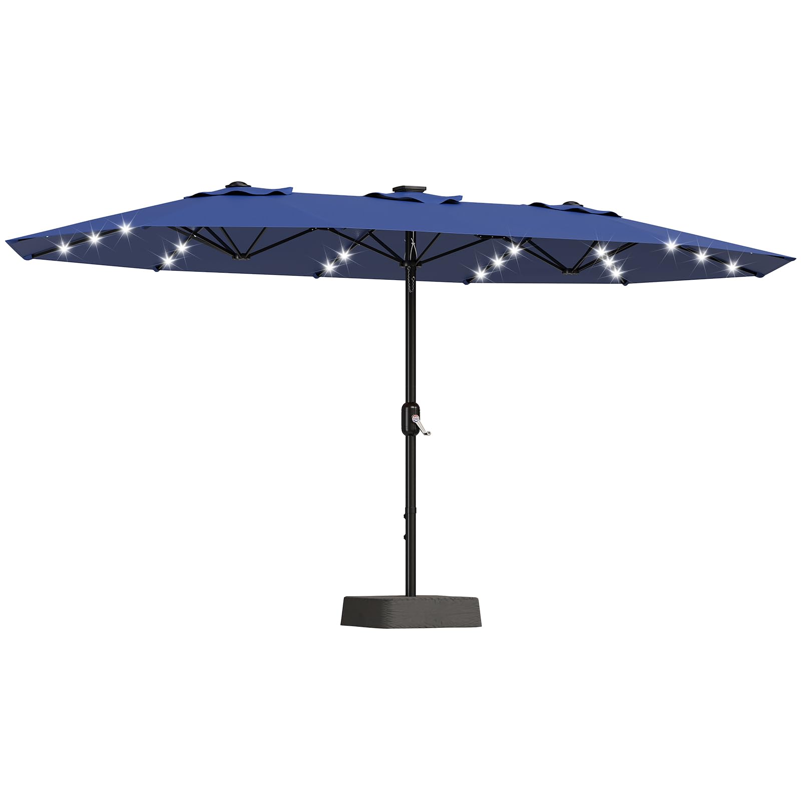 15FT Patio Umbrella With Solar Lights and Base, Rectangle Outdoor Umbrella With 36 PCS LED Lights, Double-Sided Market Table Umbrella With Crank