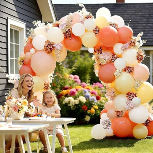 Image of Pink Yellow Peach Balloons with Hydrangea Artificial Flowers, Double Stuffed Pastel Pink Coral White Ivory Balloon Arch for Wildflower Baby Shower Birthday Bridal Shower Easter Tea Party Decor