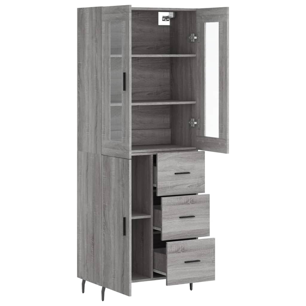 Witrynka szary dąb sonoma 69,5x34x180cm materiał drewnopochodny wysoka szafka z przeszklonymi drzwiami do salonu jadalni przestronna witryna z metalowymi nogami stabilna