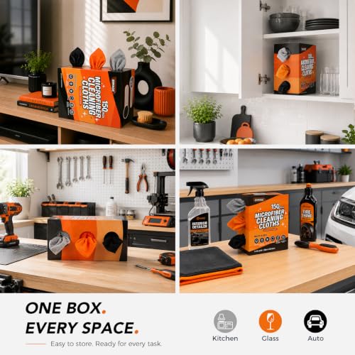 Image of UNIMADE Microfiber Cleaning Cloth, 150 Pack Microfiber Towels for Cars | Reusable Paper Towels Lint Free Shop Rags with Box for Home Kitchen Automotive, 11 inchx 9 inch, Grey & Orange & Black