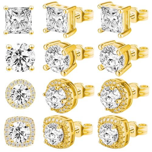 4 Pair Earrings Studs for Men Gold Cubic Zirconia, Ymapinc Surgical Steel CZ Studs Earrings for Men Women, 4 Models Round and Square Stud Teardrop Shapes