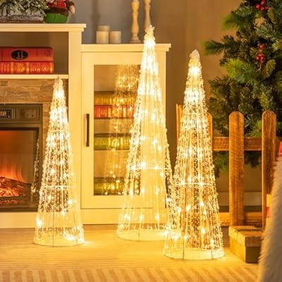 Tangkula Set of 3 Lighted Christmas Cone Trees, Xmas Decorative Conic Tree Set with Star Strings, 90 Warm White LED Lights, Indoor & Outdoor Lighted Decorations for Lawn Yard Garden Party