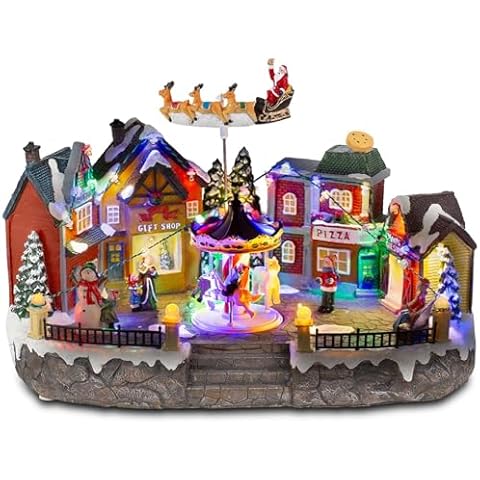 Animated Christmas Village Scene with Santa Sleigh, LED Lights & Rotating Carousel, Musical Holiday Town Square House Building with Figurines and Shops - Indoor USB Tabletop Christmas Display Cover
