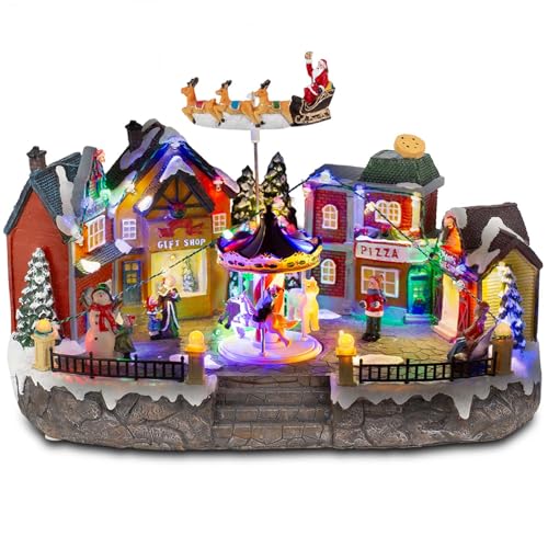 Animated Christmas Village Scene with Santa Sleigh LED Lights & Rotating Carousel Musical Holiday Town Square House Building with Figurines and Shops - Indoor USB Tabletop Christmas Display