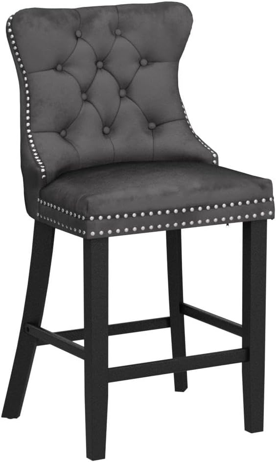 DKLGG Upholstered Counter Height Bar Stools Set of 2, Velvet Tufted Bar Stools with Back and Footrest, Farmhouse Kitchen Island Stools Dining Room Chairs, 27.2''H, Chrome Nailhead Trim(Grey)