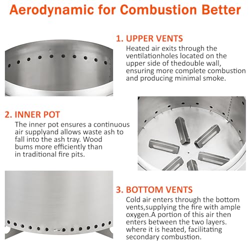20.5" Smokeless Fire Pit with Air Switch, Wood Burning Portable Stainless Steel Outdoor Firepit with Removable Stand & Stove Hook, Ash Pan, for Camping Backyard Patio Picnic, H: 16 in, 22 lbs