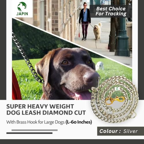 Image of JAPIN Silver Metal Diamond Cut Heavy Duty Dog Chain with Brass Hook for Dogs (L - 60inch 8-NO)