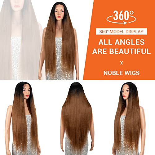 Noble Brown Lace Front Wigs 38" Super Long Straight Ombre Brown Hair Wig 5" Deep Middle Lace Part Wig Glueless Heat Resistant Synthetic Straight Lace Front Wigs For Women #TOP3