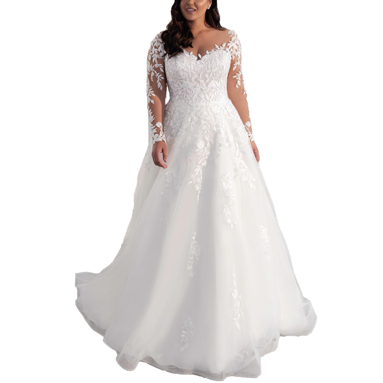 brautkleid a Linie Spitze hochzeitskleid Boho V Ausschnitt Langarm Große Größen mit langem Zug AL-VN595