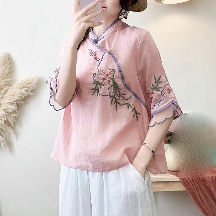 JYHBHMZG Women's Summer Cotton Linen Shirt Asymmetrical Frog Button Loose Tea Outfit Embroidered Retro 3/4 Sleeve Blouse