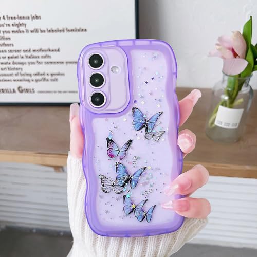 YANJIEER Funda Mariposa para Samsung Galaxy A36, con Brillante Bonito Patrón Estrella y Borde Ondulado para Mujeres Niñas, Carcasa Delgada Transparente antigolpes Silicona Cover Violeta
