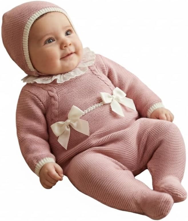 3-Piece Knitted Romper Set Sweater Hat Infant Boys Girls Overalls Soft Outfit Long Sleeve - Made in Spain