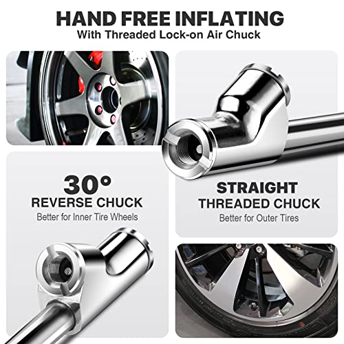 14" Extended Reach Dual Head Air Chuck, 2-Way Connection 1/4" FNPT Straight Lock On Tire Inflate Chuck, Tire Chuck with Standard Quick Plug, Air Compressor Fill Kit for Truck RV Semi Dually Tires