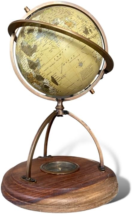 Antique 4.5" Big Educational Globe on Wooden Stand with Compass - Tripod Base Political World Globe, 6.5" x 6.5" x 10.24"