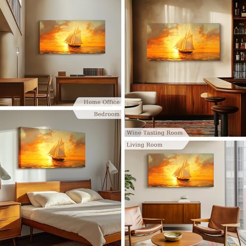 crmotu Sailboat Wall Art, Nautical Wall Decor, Large Landscape Wall Art, Seascape Painting Canvas Prints, Ocean Sunset Pictures for Living Room Bedroom Dining Room Hotel Office Artwork 24x48inch