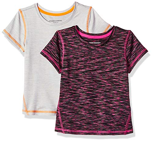 Amazon Essentials Girls' 2-Pack Short-Sleeve Active T-Shirt, Black Spacedye/Light Grey Heather, 2T