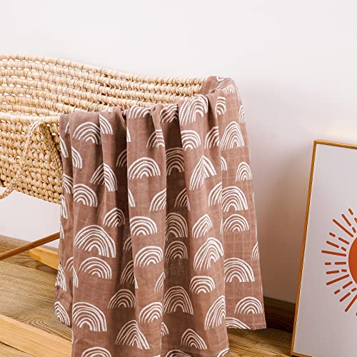 Image of BabyWhale Muslin Swaddle Blanket with Hat and Headband Bow, Boho Rainbow Pattern Swaddle Set for Baby Boys & Girls, Unisex Silky Soft Breathable Receiving Wrap, 47x47 inches, Brown