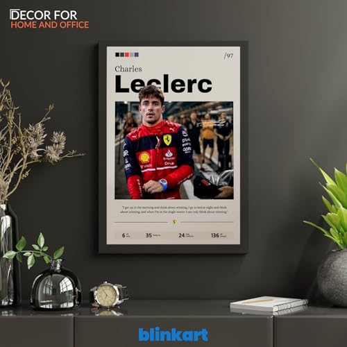Image of BLINKART Charles Leclerc | F1 Racing Player | Synthetic Wood Photo Framed Wall Hanging Poster Room & Office Bedroom Living Boys And Girl Room Home Wall Hanging | 12x18 Inches