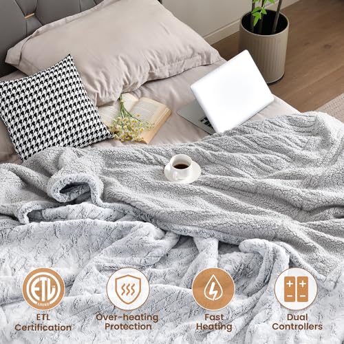 Image of Bearhug Electric Blanket King Size 100 inch x 90 inch Dual Controllers Heated Blanket, 10 Heat Settings, 1-12 Hour Auto Shut-Off, Faux Fur & Sherpa Dual-Sided, Machine Washable, Gift-Ready Elegant Packaging