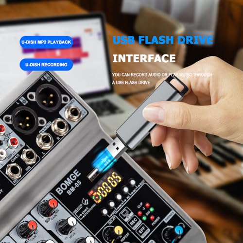 BOMGE Audio Mixer, Sound Board Mixing Console with 5 Channel Digital USB Bluetooth Echo Delay Effect, 48V Phantom Power Stereo DJ Mixers for Recording, Live Streaming, Podcasting (BM-05 5 canales) - Thumbnail 5
