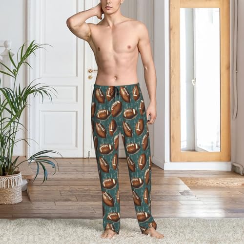 Mens Pajama Pants - Vintage Green Football Print Soft Sleep Lounge Pants For Men, Casual Pj Bottoms With Pockets2
