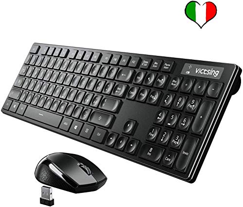 VicTsing Tastiera e Mouse Wireless per PC, Tastiera Wireless PC, Kit Combo Set Design Tastiera Leggermente Inclinata Sleep Automatica Compatibilità Straordinaria