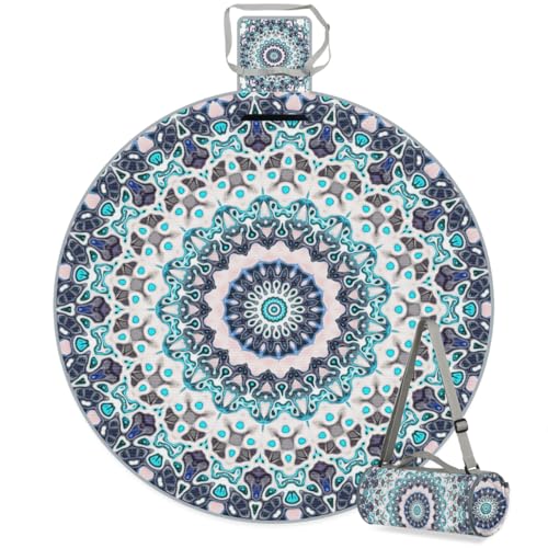 Shimoshe Indian Tribe Floral Mandala Picnic Outdoor Blanket Foldable Waterproof Sandproof Beach Blanket Portable Water-Resistant Round Picnic Mat for Travel Camping Park Lawn