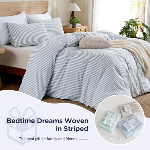Image of TOCOMOA Blue Striped Duvet Cover Set 100% Washed Cotton Like Linen, Queen